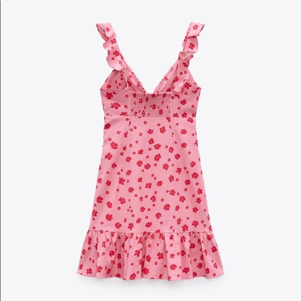 Zara Floral Print RUFFLED MINI LINEN V-NECK DRESS PINK/RED NEW - Picture 8 of 9